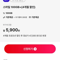 스마텔 SKT망 100GB+5Mbps (4개월단기) +20GB 추가지급